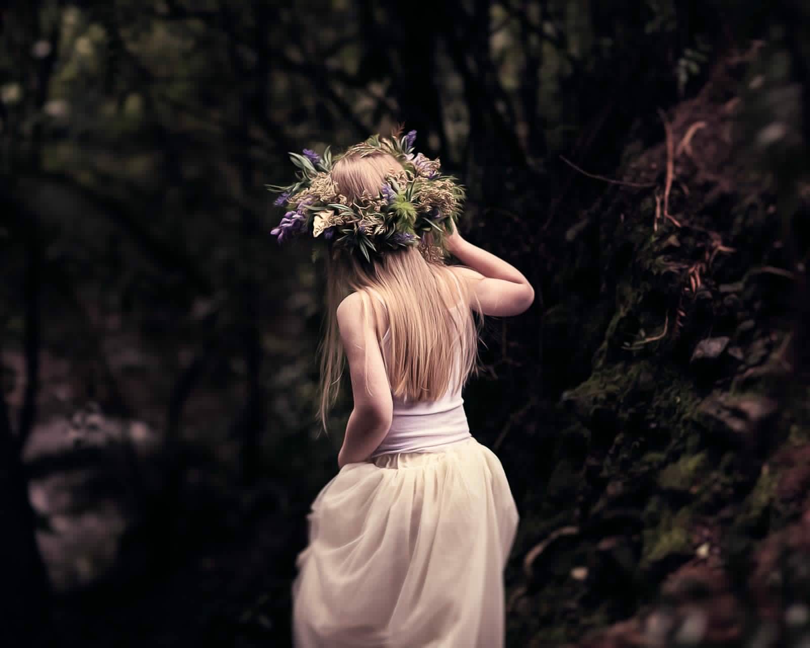 blond girl, white dress, flower crown, in a forrest, digital oil painting