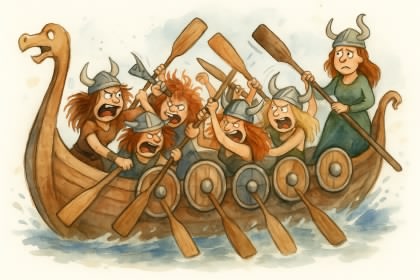 Viking Ship with fighting shield maidens captain looks concerned