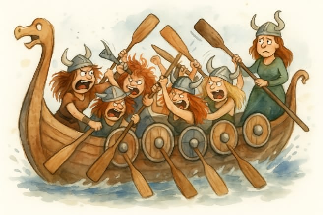 Viking Ship with fighting shield maidens captain looks concerned