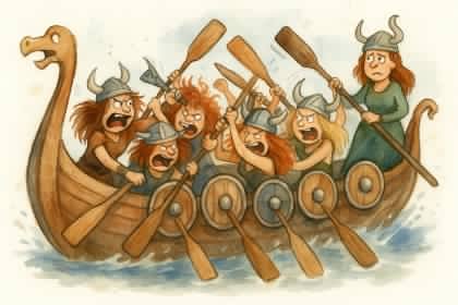 Viking Ship with fighting shield maidens captain looks concerned